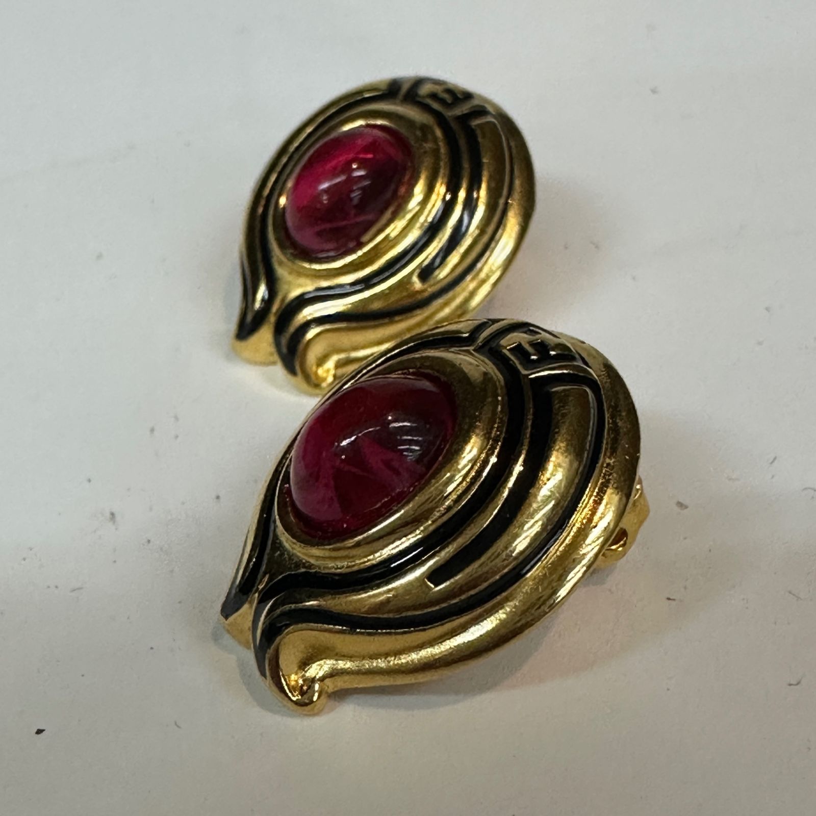Vintage FENDI Signed Glass Cabochons G Tone Earrings Clip-on