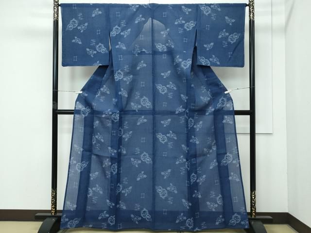 平和屋着物■極上　夏物　本場小千谷ちぢみ　笹松牡丹文　藍鉄色地　麻　逸品　未使用　CZAA4038s5 平和屋着物□極上 夏物 本場小千谷ちぢみ 笹松牡丹文 藍鉄色地 麻 逸品