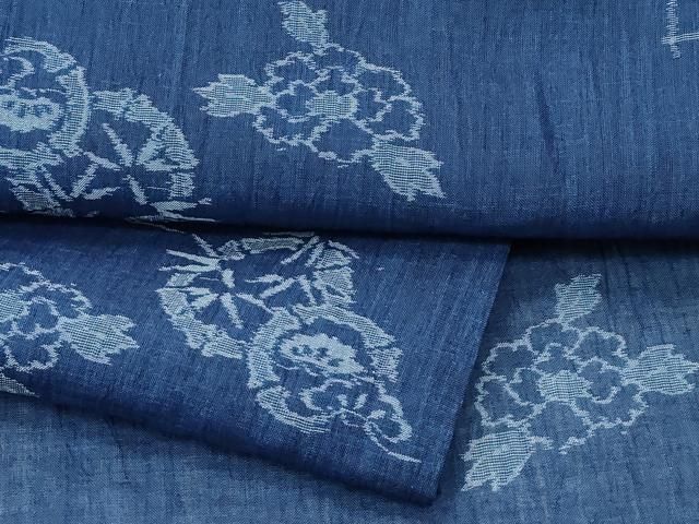 平和屋着物□極上 夏物 本場小千谷ちぢみ 笹松牡丹文 藍鉄色地 麻 逸品