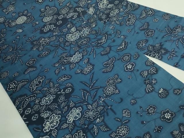 平和屋着物 上 九寸名古屋帯 紬地 琉球藍型 草花文 kh 5