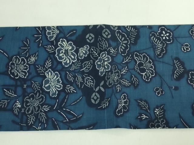 平和屋着物□極上 九寸名古屋帯 紬地 琉球藍型 草花文