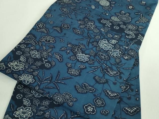  平和屋着物 上 九寸名古屋帯 紬地 琉球藍型 草花文 kh 5 名古屋帯 帯