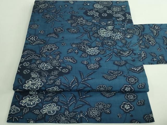 平和屋着物 上 九寸名古屋帯 紬地 琉球藍型 草花文 kh 5