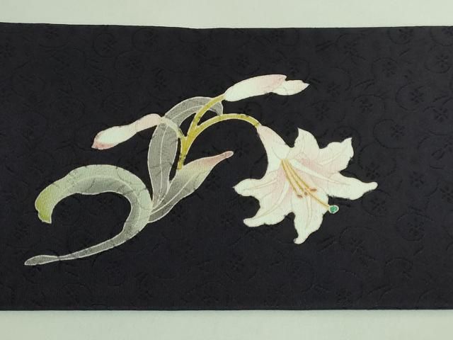  平和屋着物 上 九寸名古屋帯 友禅 百合 黒紫色地 kh 5 名古屋帯 帯