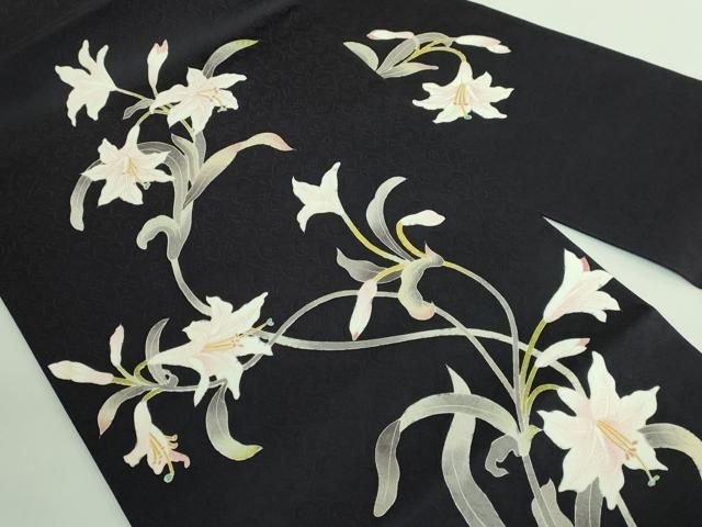 平和屋着物 上 九寸名古屋帯 友禅 百合 黒紫色地 kh 5