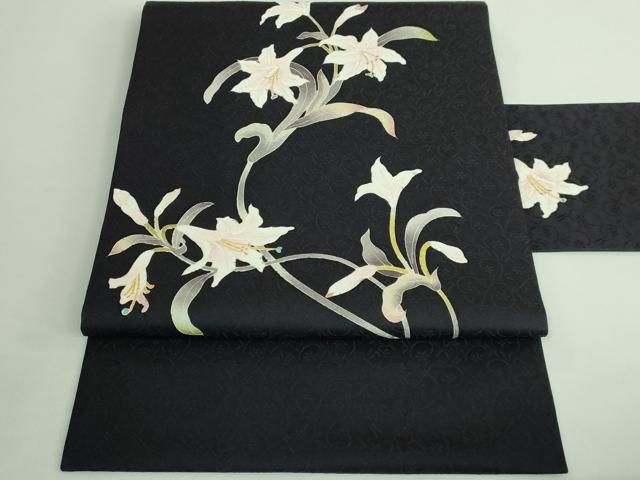 平和屋着物 上 九寸名古屋帯 友禅 百合 黒紫色地 kh 5