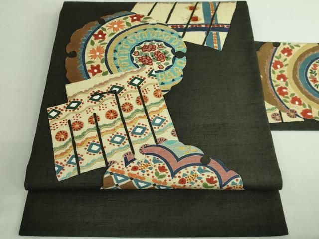 平和屋着物 上 九寸名古屋帯 紬地 雪輪吉祥文 源氏香 黒緑色地 kh 5