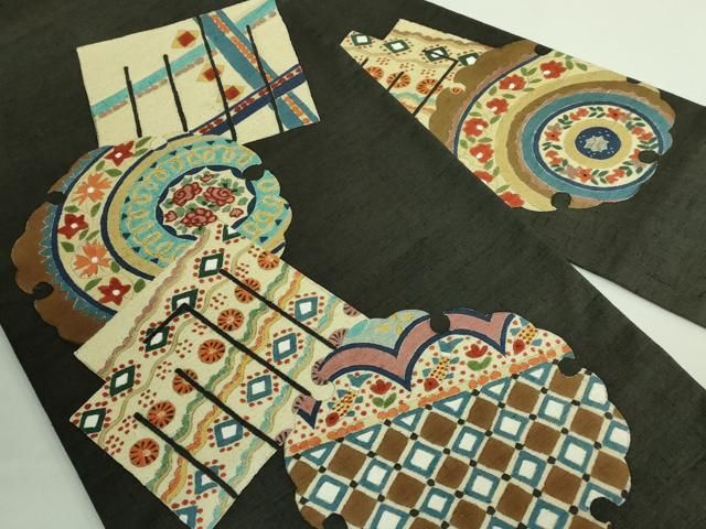 平和屋着物 上 九寸名古屋帯 紬地 雪輪吉祥文 源氏香 黒緑色地 kh 5