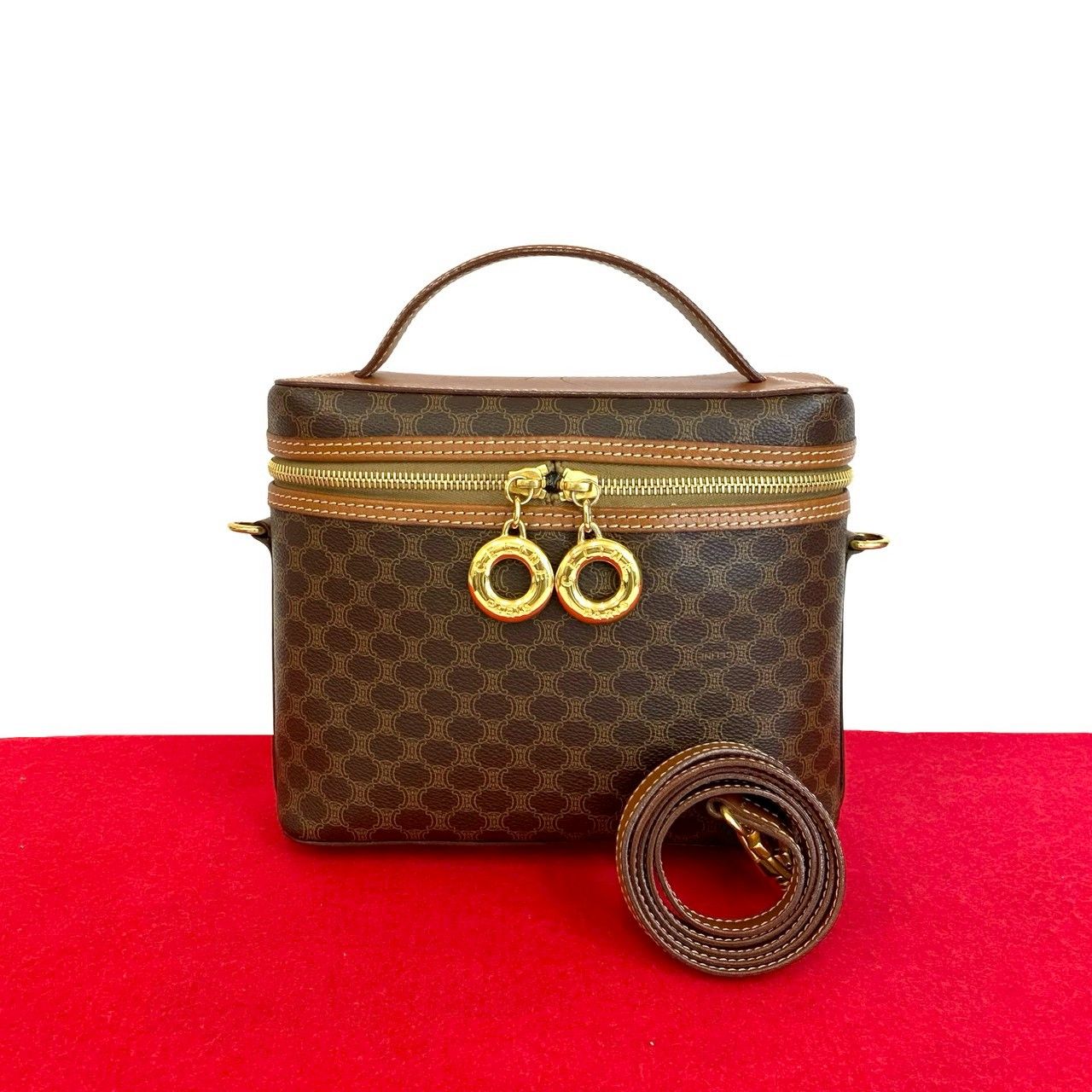 CELINE セリーヌ マカダム ブラゾン トリオンフ 柄 サークルロゴ 金具 レザー 2 way ハンドバッグ ショルダーバッグ ブラウン 56170