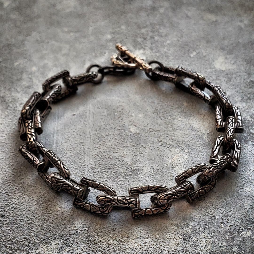 ヴィンテージ VINTAGE ロックス デザイン チェーンブレスレット 彫金チェーン 彫り模様 ユニセックス 北欧調 ユニセックス 重厚 Engraved Chain Bracelet Antique Finish