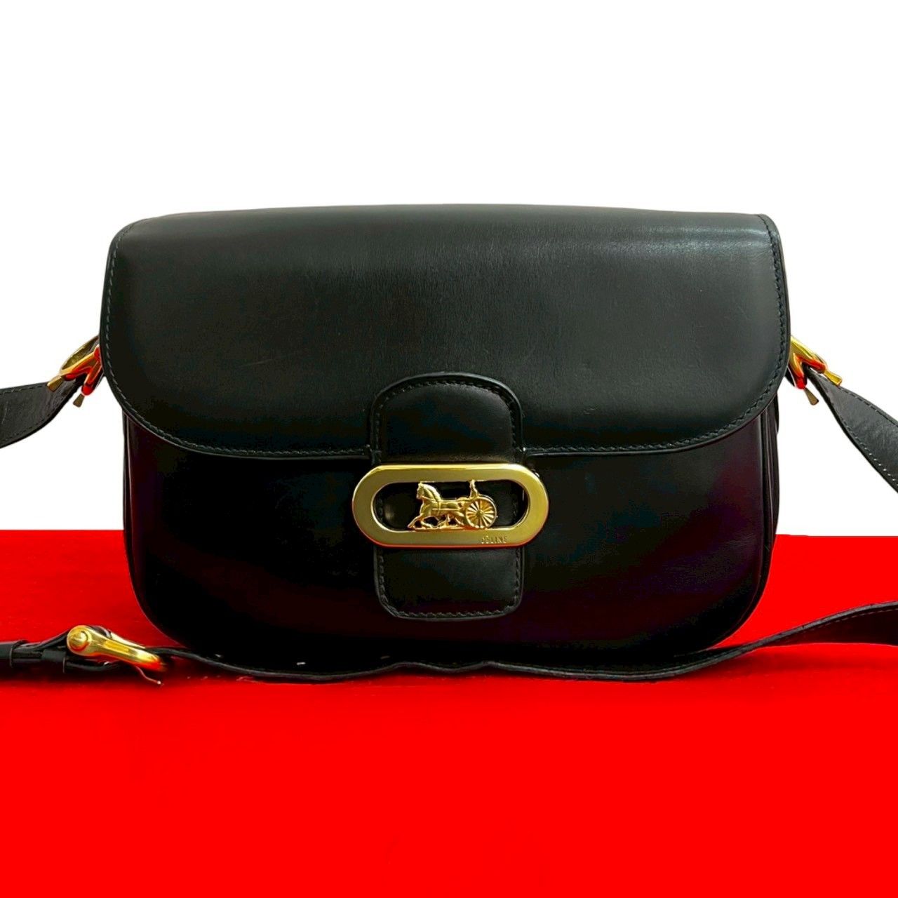 CELINE セリーヌ ヴィンテージ ロゴ 馬車 金具 カーフ レザー 本革 ショルダーバッグ ポシェット ヴィンテージ ブラック 23612