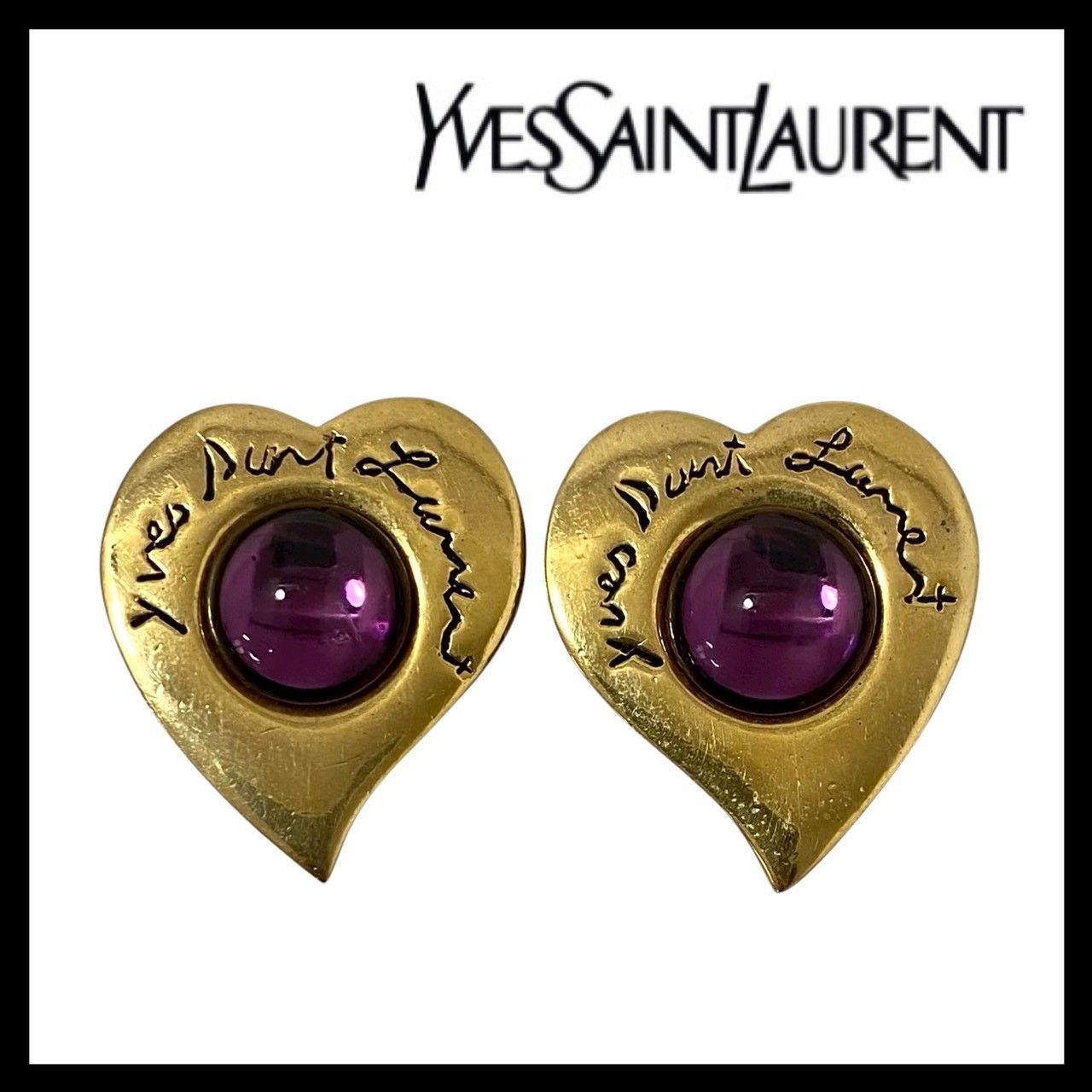Y YVES SAINT LAURENT ロゴ ハート イヤリング ゴールド 金 パープル 紫 ヴィンテージ YSL イヴサンローラン 60288TS1