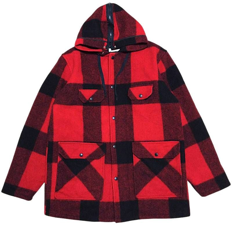 JHONSON Woolen Mills Devil Plaid Wool HUNTING COAT ジョンソン ウール ハンティングコート フード付き XL レッド×ブラック 古着
