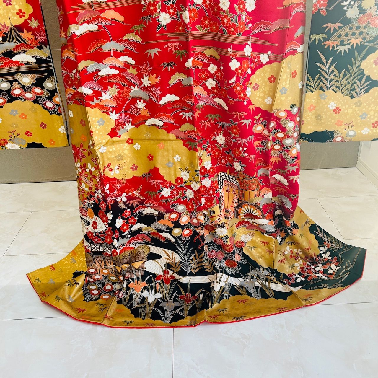  着物 帯 帯締め セット 振袖 赤系 花 袋帯 黒系 華やか 金糸 管理番号KKVMI 88 振袖 着物