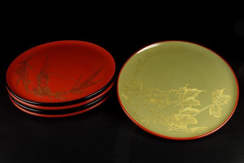 蔵C 9411 a 平安松美堂 色漆絵替沈金百花盆 五客 共箱