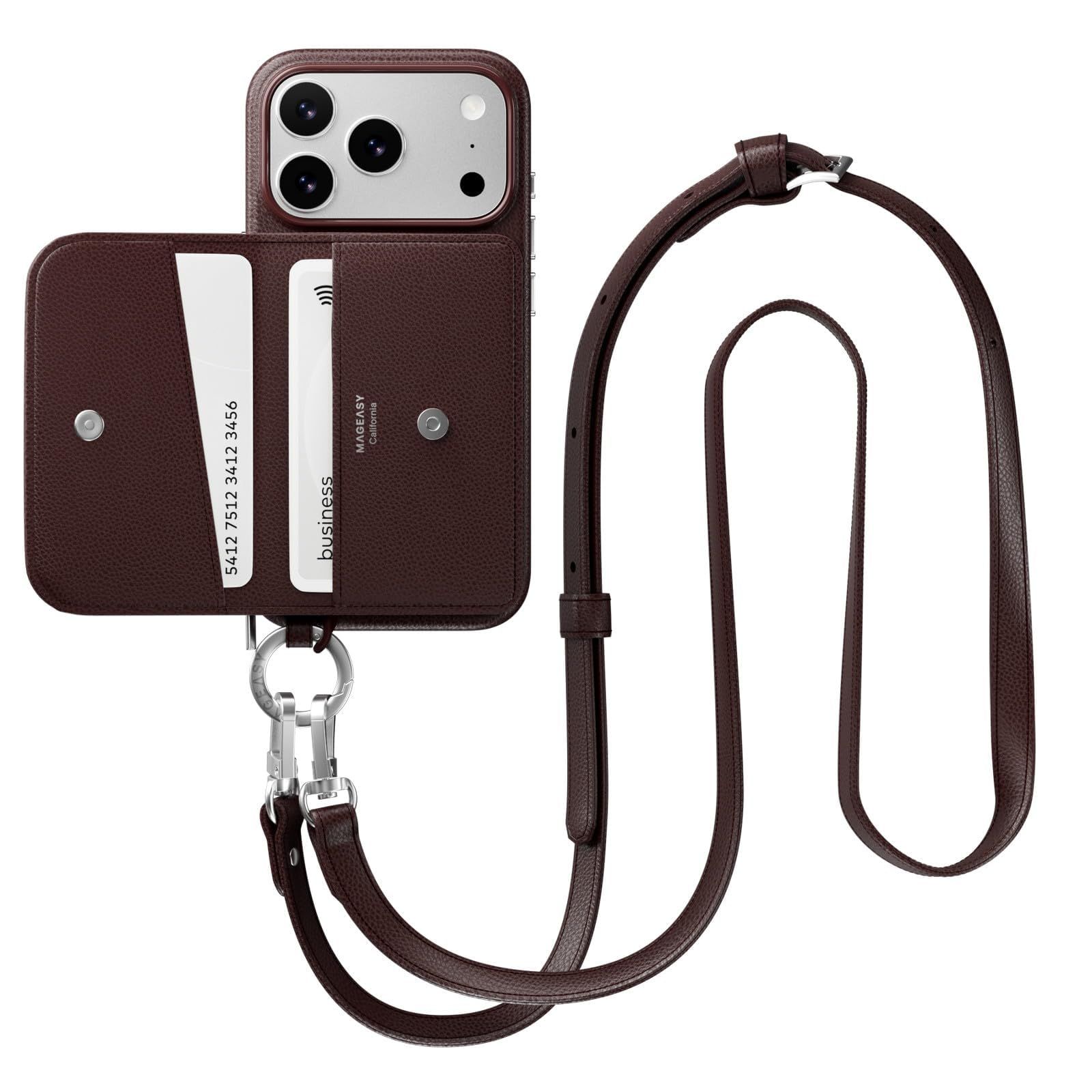 MagEasy iPhone 17 Pro 対応 ケース MagSafe ショルダー ストラップ 付き カード入れ 合成 皮 革 スマホケース カード 収納 ポーチ付き 財布 頑丈 ショルダーケース アイフォン17 P