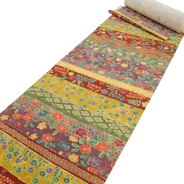  小紋 着物 着尺 反物 正絹 芥子 茶 灰紫 緑 草花 横段 寄せ柄 カジュアル コート 羽織 などにも お仕立てＯＫ 春 秋 冬 おしゃれ 未仕立て みやがわ sb 16559 小紋 着物反物