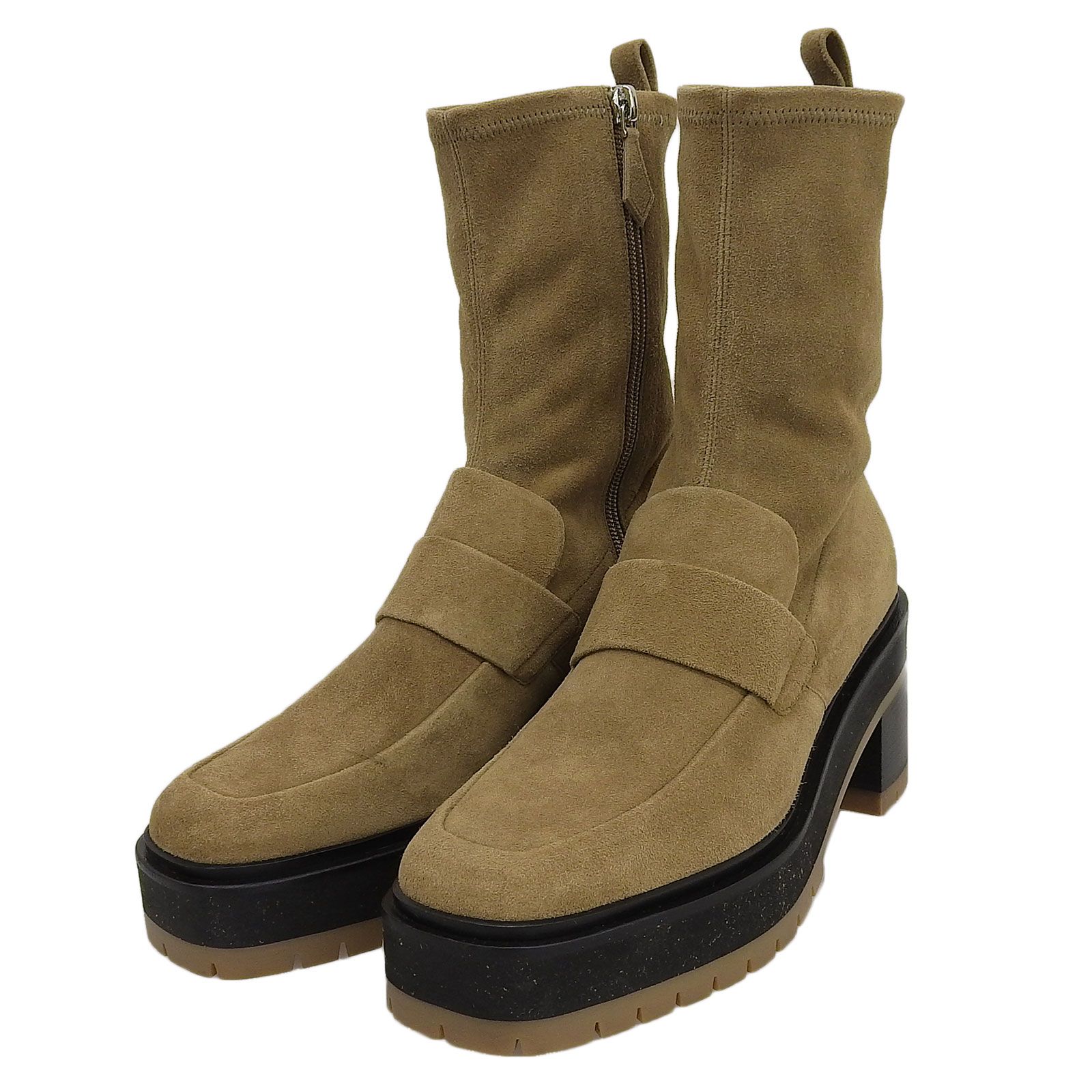 HERMES エルメス フローレンス55 スウェードレザー サイドZIP チャンキー ショートブーツ ベージュ 38.5 イタリア製 レディース