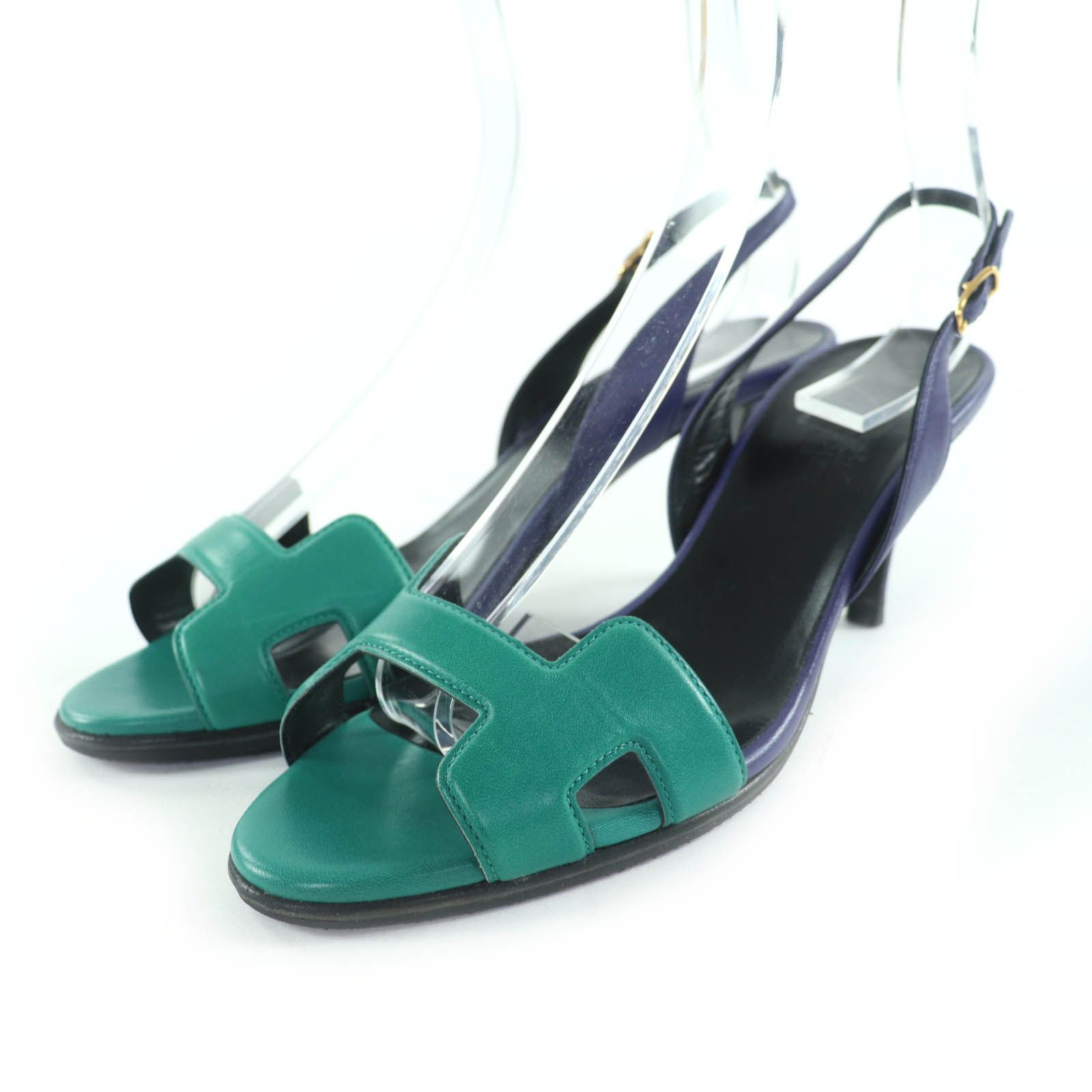 HERMES エルメス Ｈデザイン バイ バックストラップ レザー サンダル グリーン パープル 37.5 イタリア製 レディース