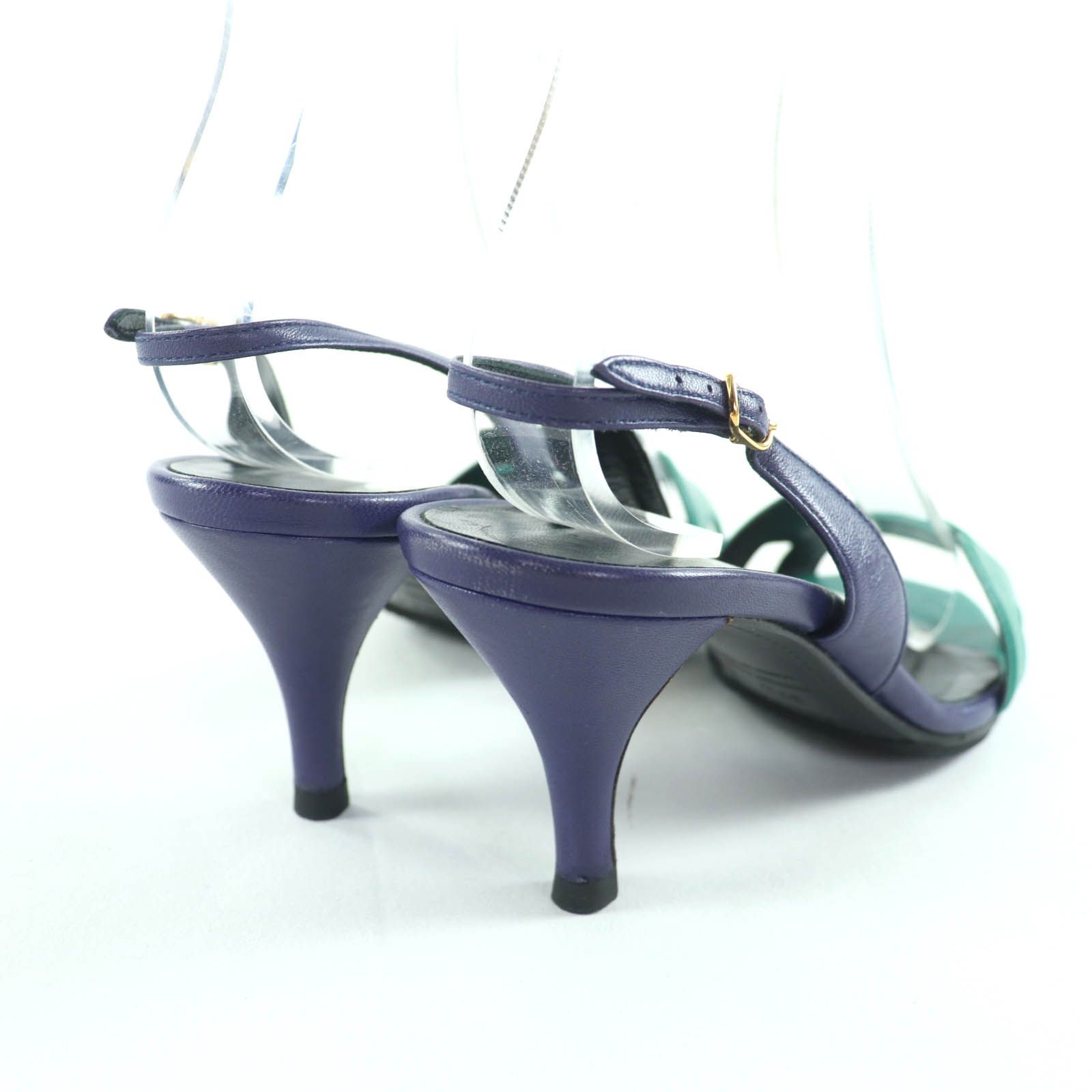 HERMES エルメス Ｈデザイン バイ バックストラップ レザー サンダル グリーン パープル 37.5 イタリア製 レディース