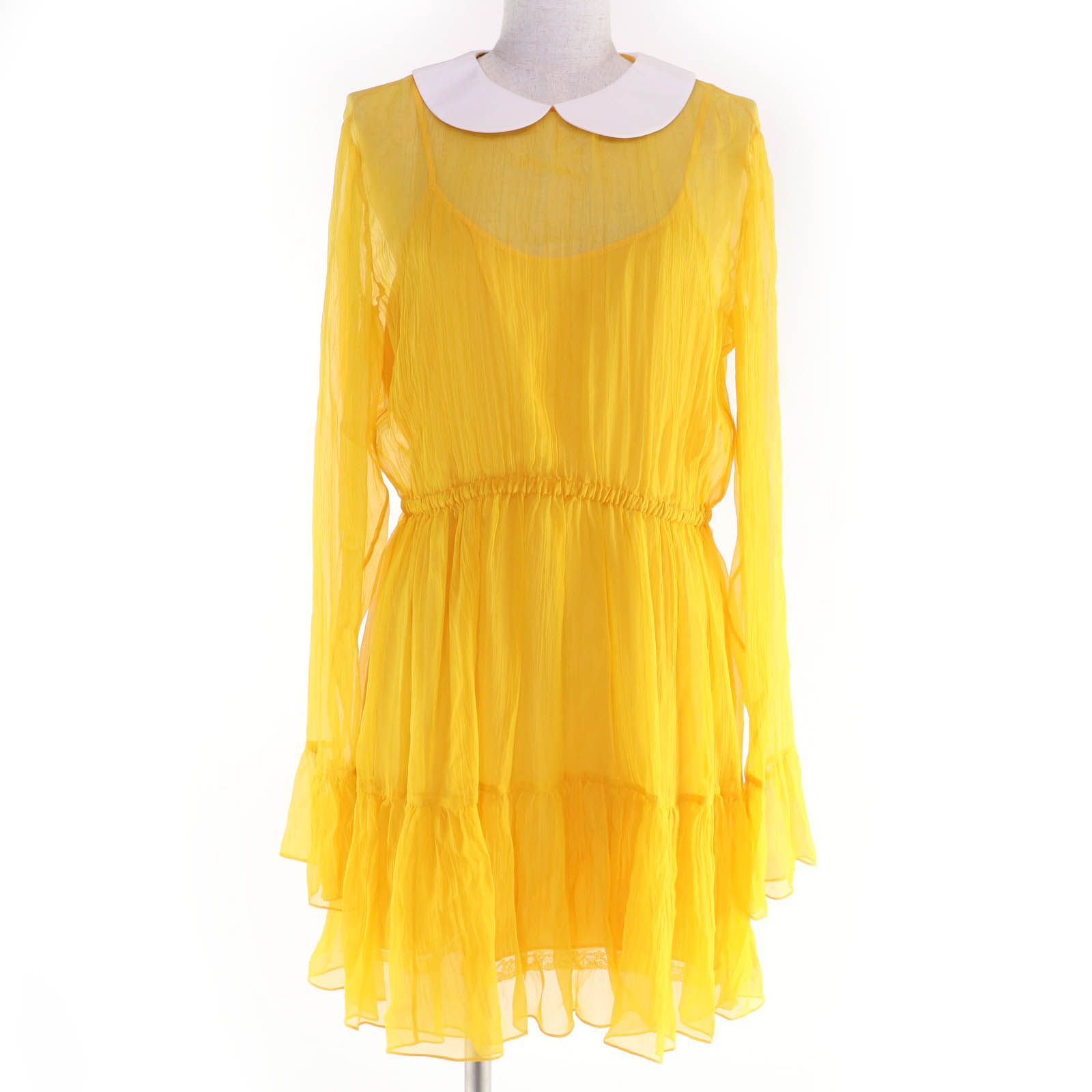 GUCCI グッチ 728125 シルク100％ ラウンド シフォンドレス ワンピース イエロー 44 ハンガー付き イタリア製 レディース