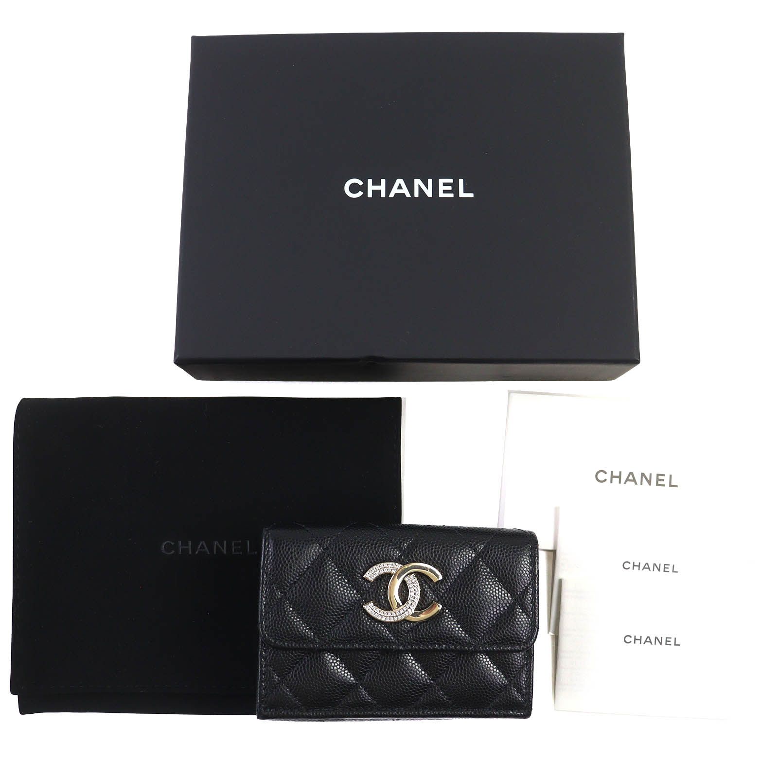 CHANEL シャネル AP 4173 キャビアスキン ココマーク マトラッセ スモール フラップウォレット 三つ折り財布 ブラック ゴールド金具 保存袋付き レディース