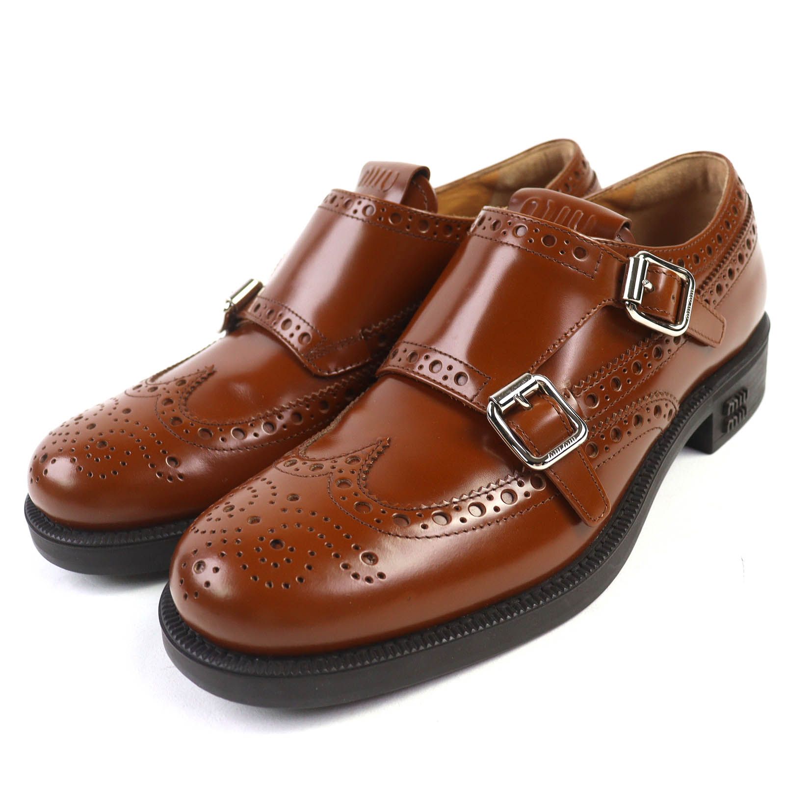 Churchs Miu チャーチ ミュウミュウ 5 E 039 ブラッシュドレザー ロゴ ダブルモンクストラップ ブローグシューズ レザーシューズ ブラウン 38 イタリア製 レディース