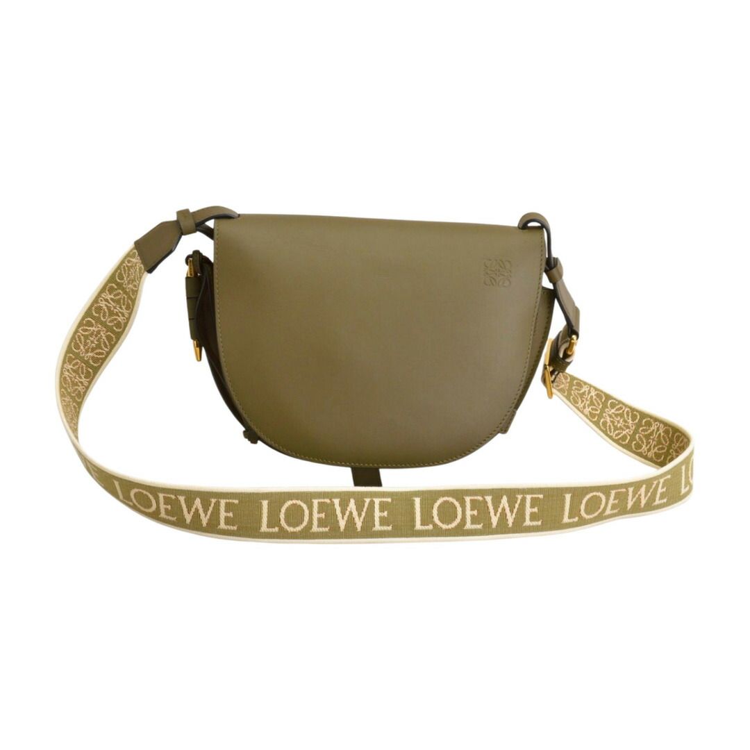 ロエベ LOEWE デュアル レザー ショルダーバッグ カーフ アナグラム カーキ ゴールド金具 レディース F-YA1148