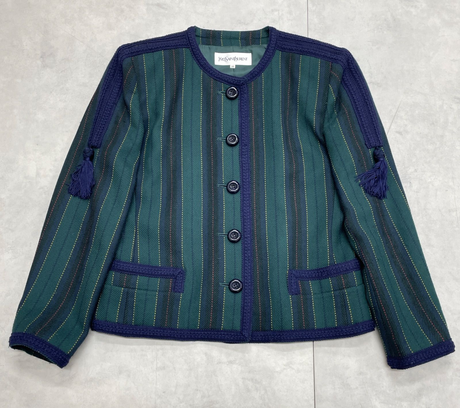 イヴサンローラン　ノーカラージャケット　マルチストライプ　ヴィンテージ　36 イヴサンローラン ノーカラージャケット マルチストライプ