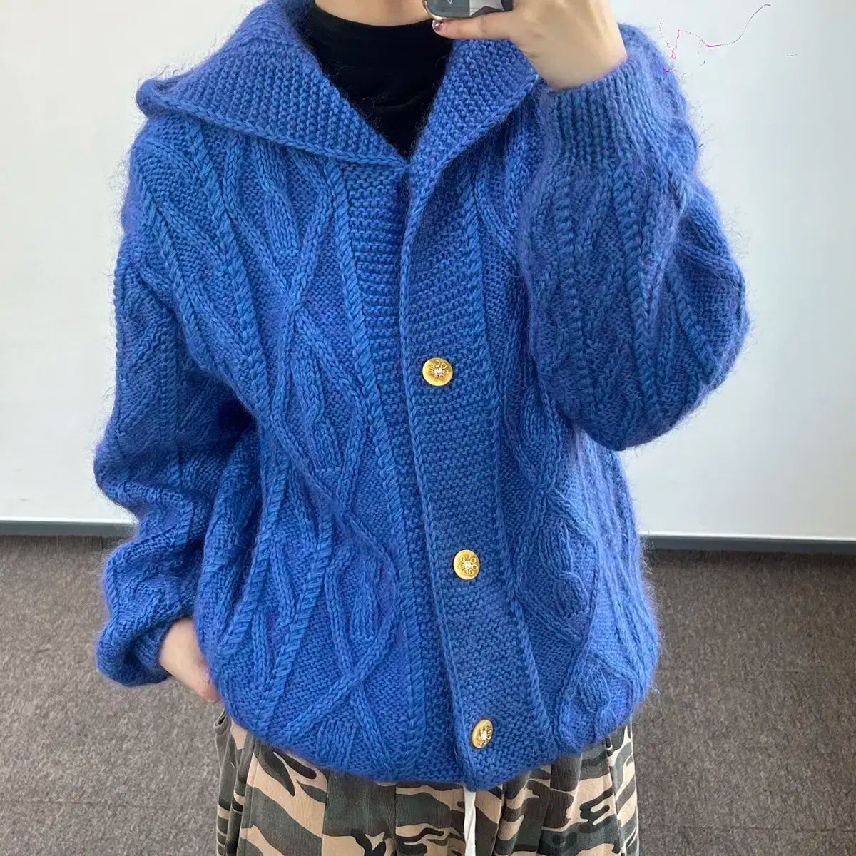 ヴィンテージ ダークブルー ケーブル ニット カーディガン
