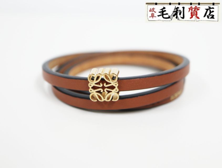 ロエベ LOEWE アナグラム カーフレザー ブラウン ロゴ ゴールド サイズM ブレスレット ユニセックス