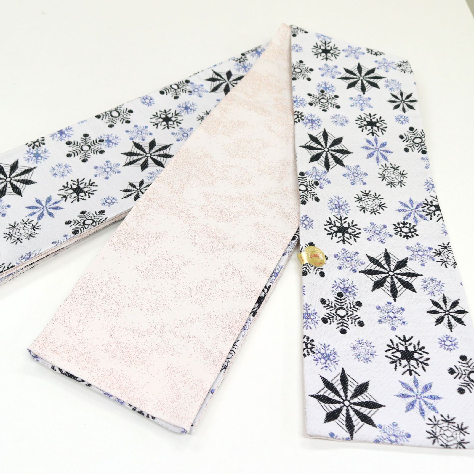  oha 068 仕立て上がり 西陣 佐々木染織 お洒落 小袋帯 半幅帯 冬 雪の結晶 雪 リバーシブル 半巾 半幅 小袋帯 帯