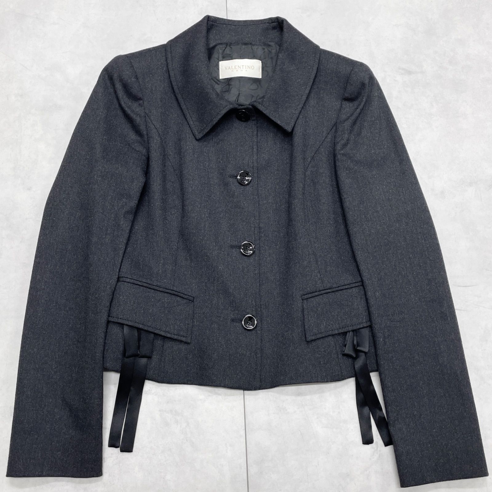 VALENTINO ヴァレンティノ ジャケット リボン ウール グレー イタリア製 レディース 42