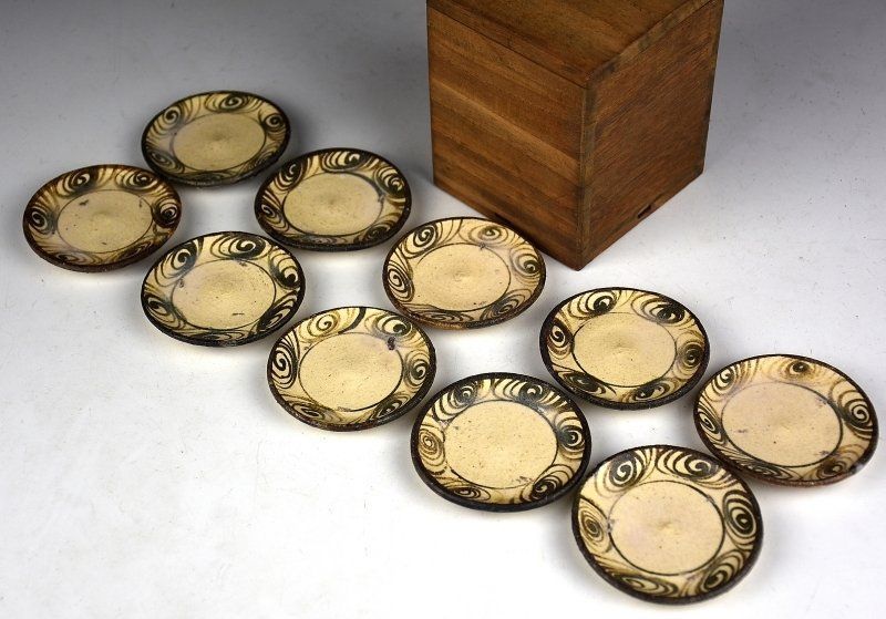 蔵C 6813 古民藝 古瀬戸馬の目図小皿 十枚 幕末～明治頃