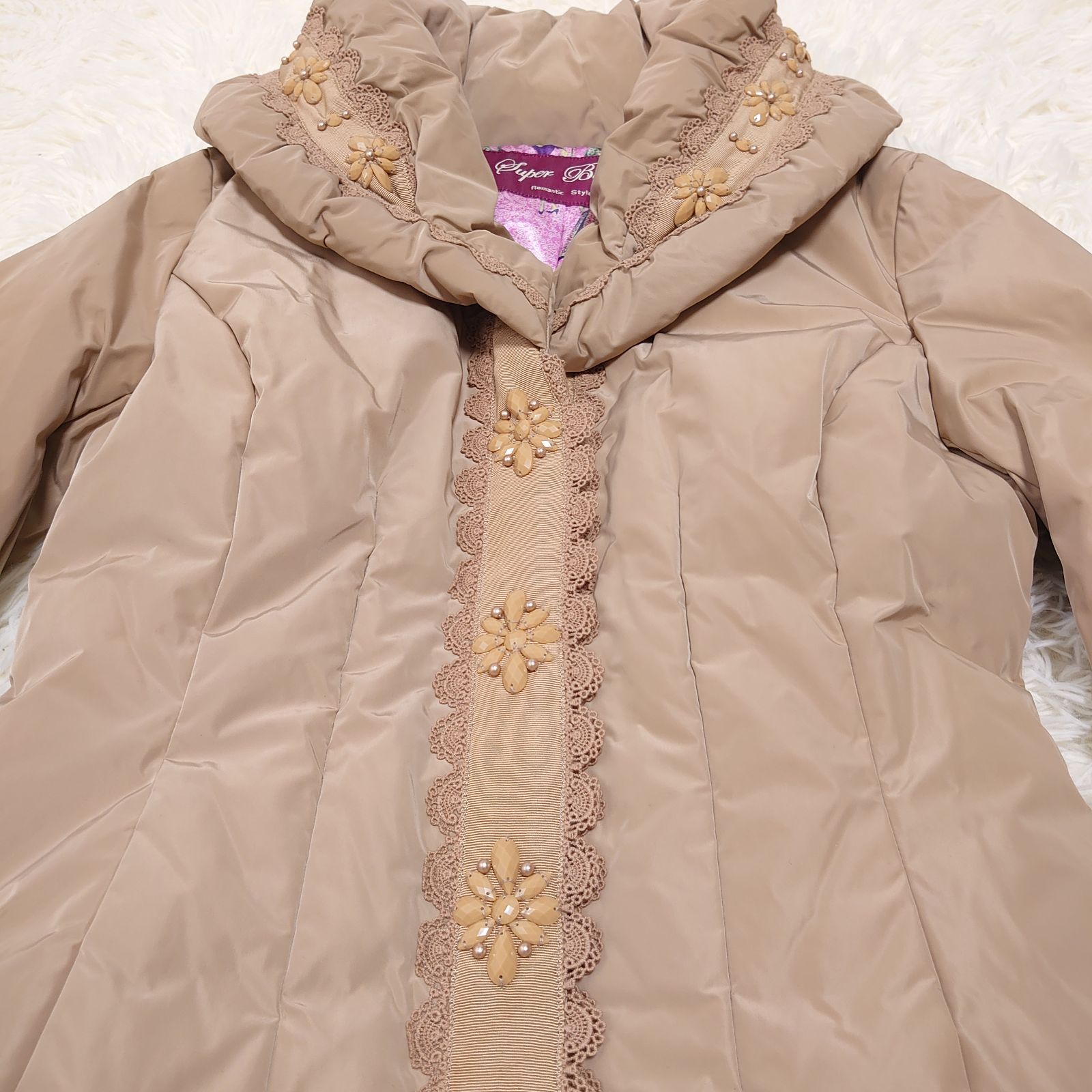 美品 Super Beauty ロングダウンコート 花柄刺繍×ビジュー 裏地総柄 美