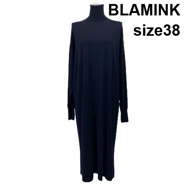 ブラミンク BLAMINK タートルニットワンピース 18G ロング丈 長袖 ダークネイビー ウール混 カシミア混 38 M 9号 レディース S5X172