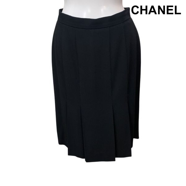 シャネル CHANEL スカート 膝丈 ボックスプリーツ 黒 ウール シルク 38 M 9号 レディース H5Y042