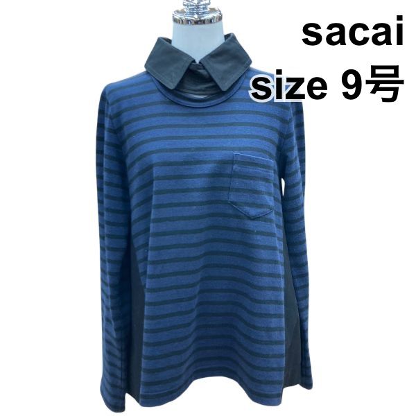 サカイ sacai トップス 長袖 カットソー プルオーバー 襟付き スロートラッチ 黒 コットン 2 M 9号 レディース T5Y013