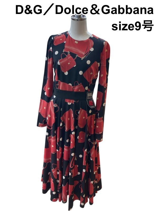 ドルチェアンドガッバーナ Dolce＆Gabbana ワンピース 長袖 ロング丈 バッグ柄 黒 赤 コットン シルク 38 M 9号 レディース T5Y012
