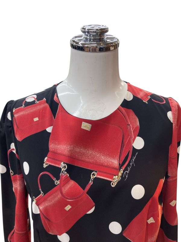 ドルチェアンドガッバーナ Dolce＆Gabbana ワンピース 長袖 ロング丈 バッグ柄 黒 赤 コットン シルク 38 M 9号 レディース T 5 Y 012