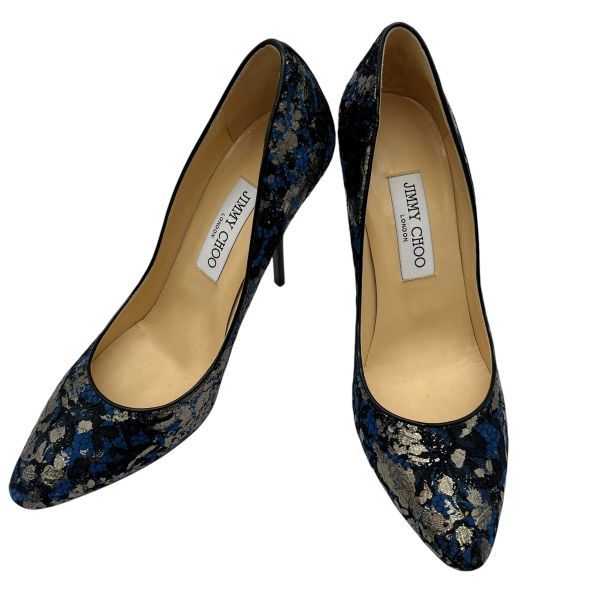 ジミーチュウ Jimmy Choo ハイヒール パンプス 靴 ピンヒール 黒 シルバー色 ブルー レザー 38ハーフ 25.5 cm レディース S 5 X 182