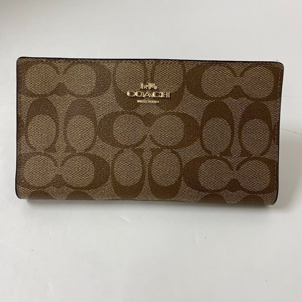 08 w 13984 長財布 品 COACH コーチ シグネチャー柄 スリムジップウォレット カーキ サドル