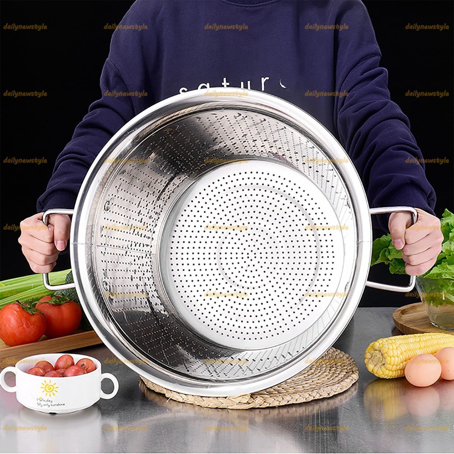 人気推薦 ステンレス製ザル ダブルハンドル付き 野菜洗いストレーナーバスケット 握りやすいマイクロ穴あきザル 濾し 水切り パスタ 麺類 野菜と果物 シーフードの調理用 50cm