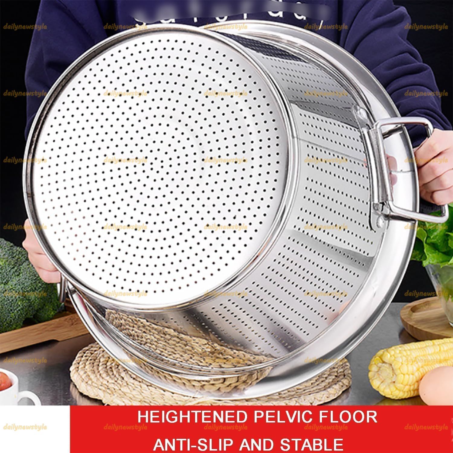 人気推薦 ステンレス製ザル ダブルハンドル付き 野菜洗いストレーナーバスケット 握りやすいマイクロ穴あきザル 濾し 水切り パスタ 麺類 野菜と果物 シーフードの調理用 50cm