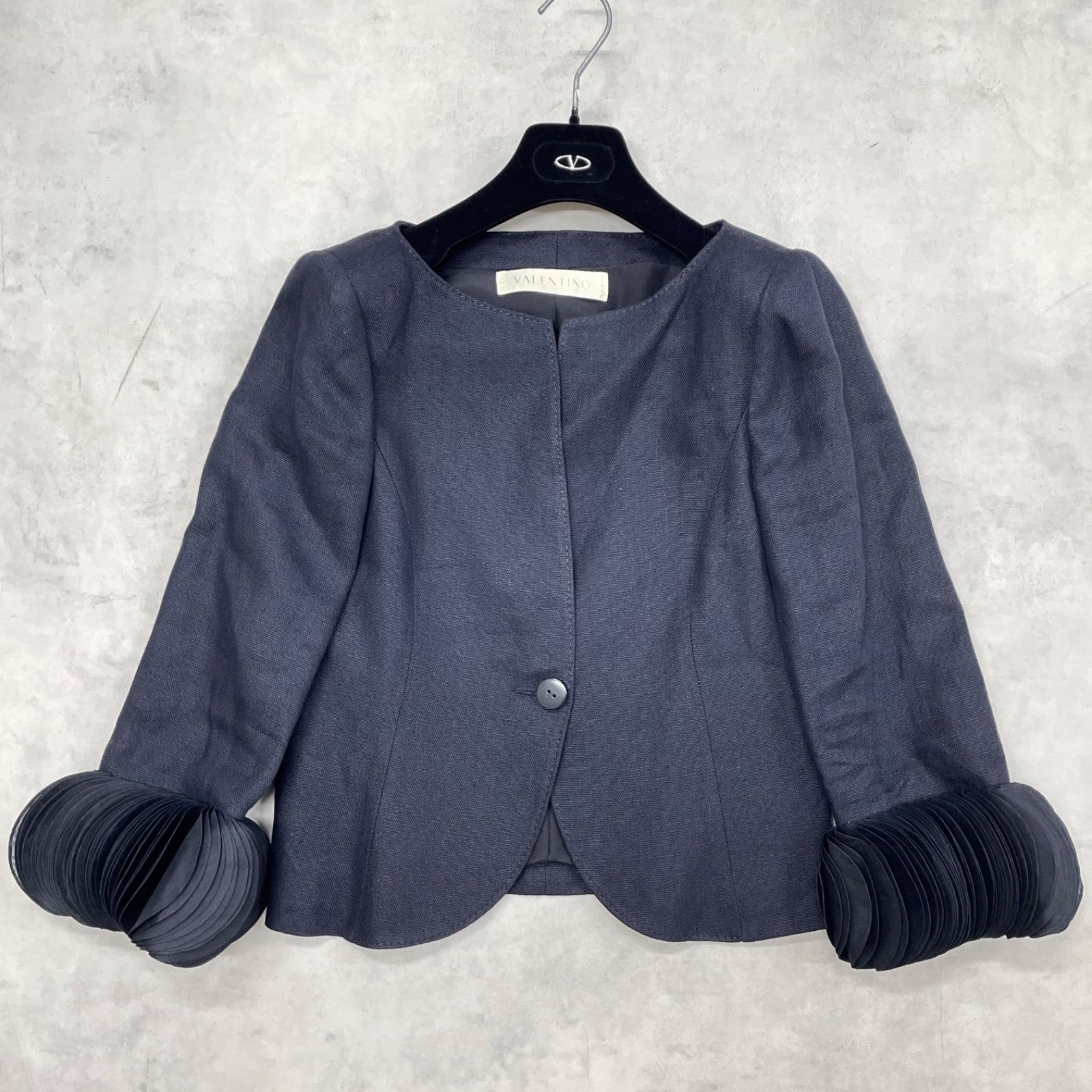 VALENTINO バレンティノ ノー ジャケット 袖デザイン フリル リネン ネイビー イタリア製 レディース 8