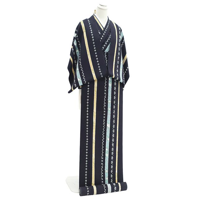 小紋 着物 着尺 反物 正絹 京友禅 古都美 染め柄 黒紺色 縞 草花 おしゃれ 羽織 や コート にも カジュアル お仕立てＯＫ 春 秋 冬 未仕立て みやがわ sb 16586