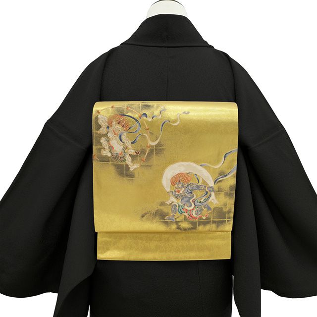 袋帯 フォーマル 正絹 金 引箔地 京都 西陣 落款有り 金糸 ゴールド 風神雷神 上質 春 秋 冬 着物 風神 雷神 仕立て上がり みやがわ sb 54709