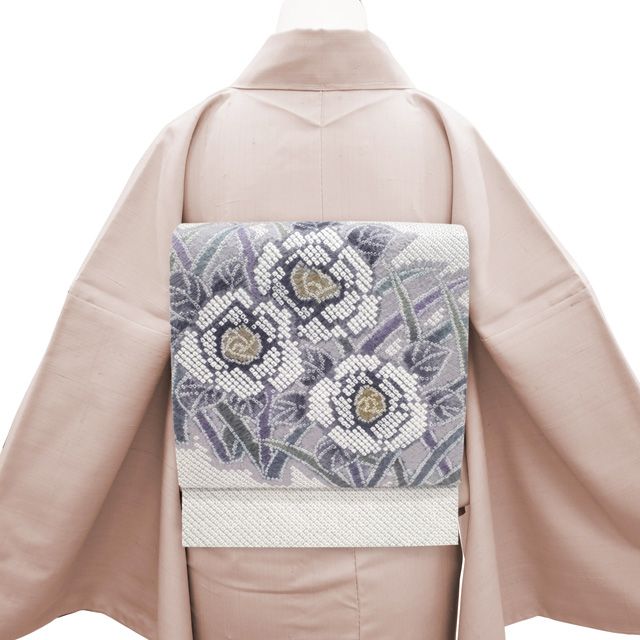 中古】 名古屋帯 リサイクル 藤娘きぬたや 絞り 正絹 九寸 薄灰紫 薄紫