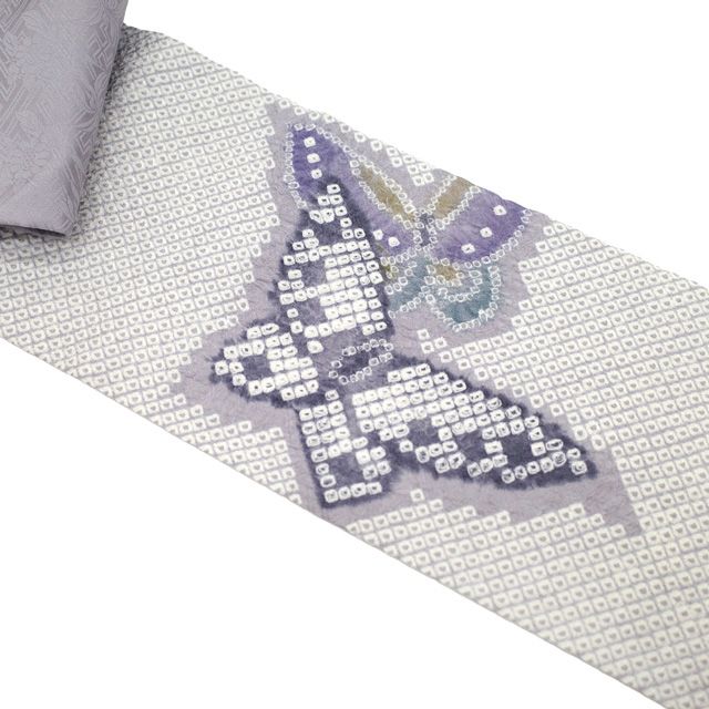  名古屋帯 リサイクル 藤娘きぬたや 絞り 正絹 九寸 薄灰紫 薄紫 花 蝶 きぬたや絞り カジュアル 春 秋 冬 なごや帯 九寸名古屋帯 上 藤娘 きぬたや 仕立て上がり みやがわ sb 54723 名古屋帯 帯