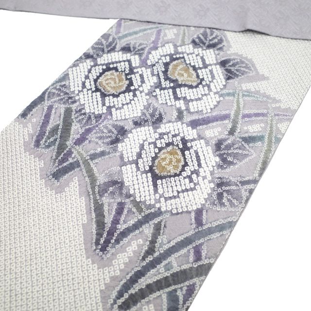 中古】 名古屋帯 リサイクル 藤娘きぬたや 絞り 正絹 九寸 薄灰紫 薄紫